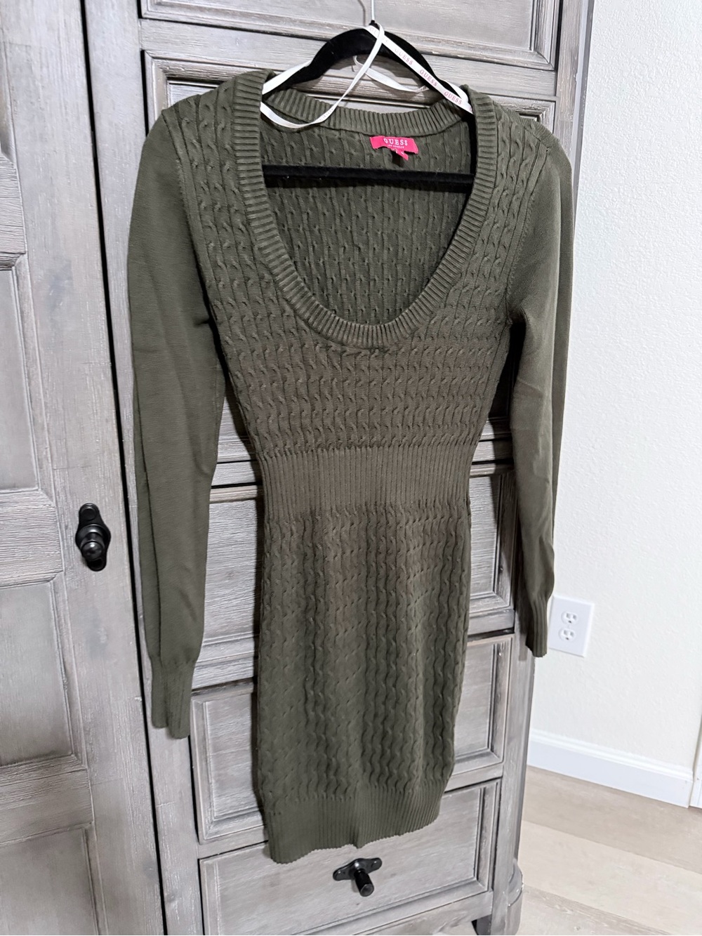 Guess Olive Cable-Knit Scoop Neck Long Sleeve Sweater Dress